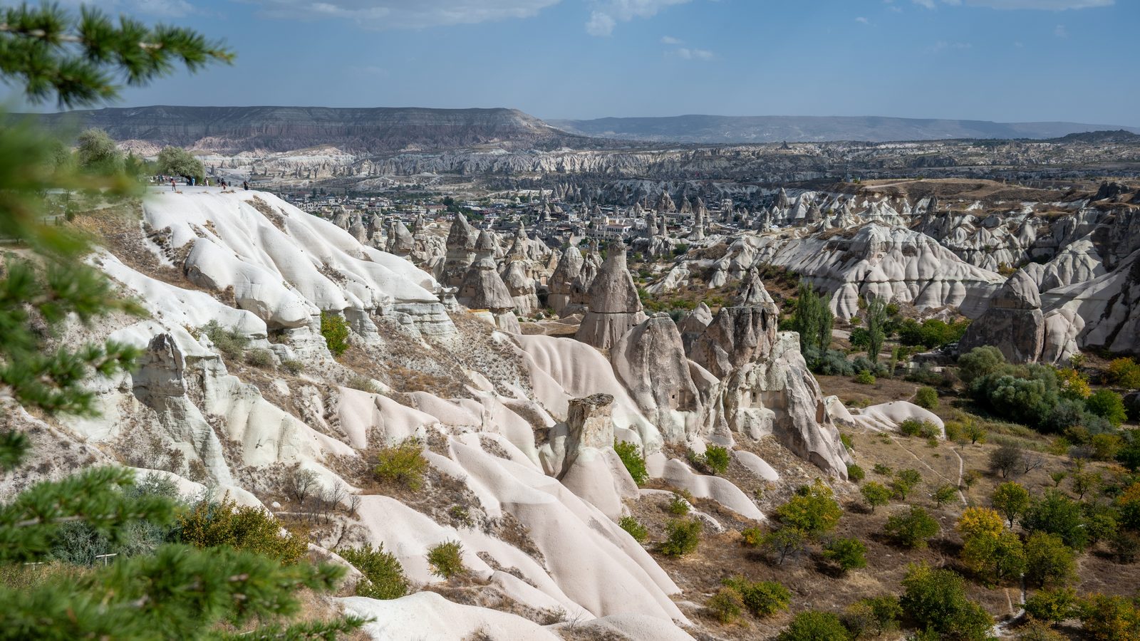 Göreme and its valleys seen from the rim above Pigeon Valley, with the tuff plateau on the horizon