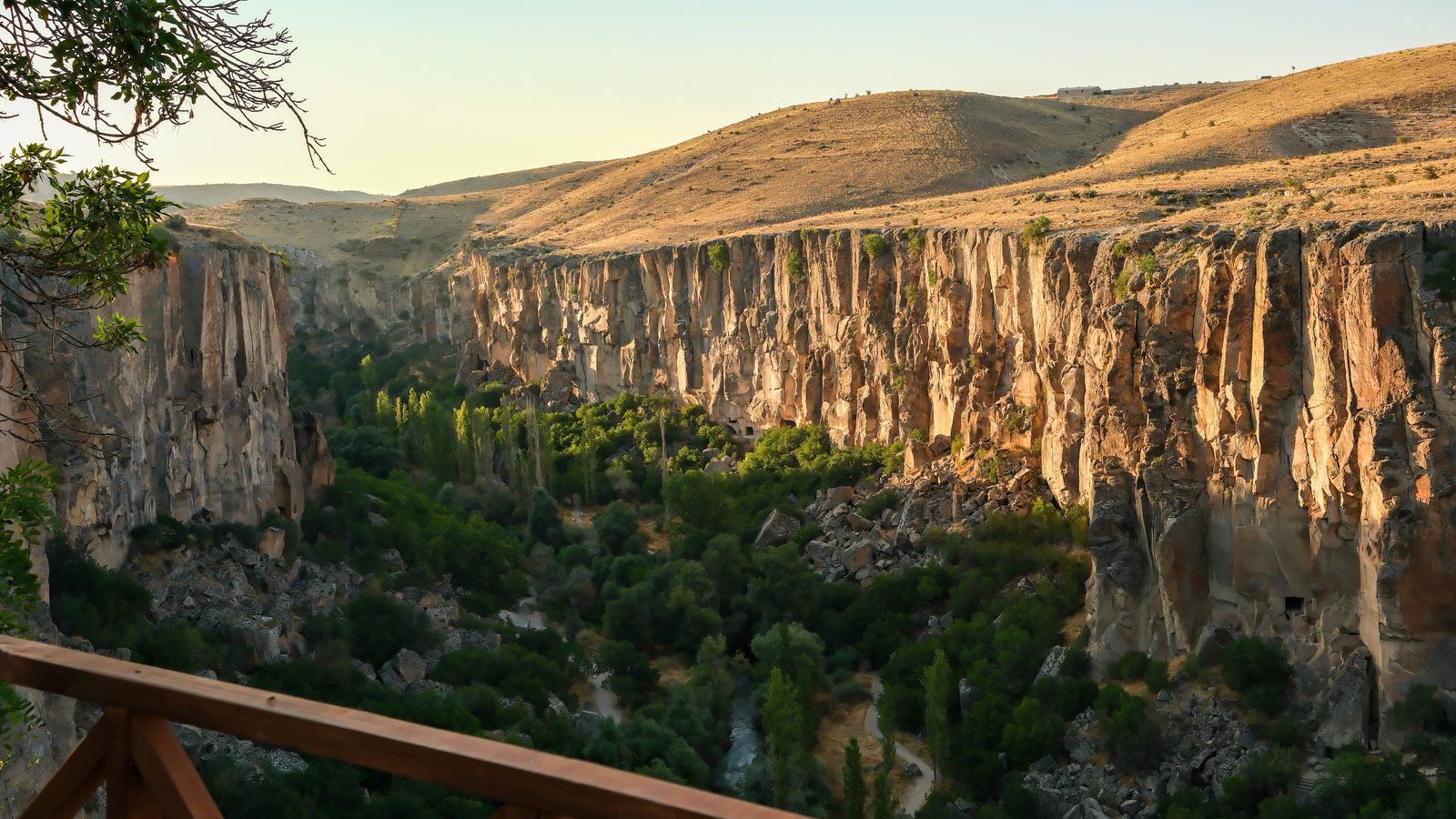 The Ihlara canyon from the rim in early light, its green, tree-lined floor and the Melendiz river far below the cliffs